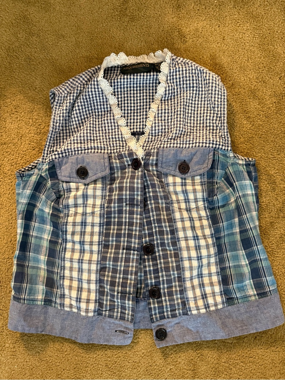 Requirements Mixed Blue Plaid Lace-Trim Tank